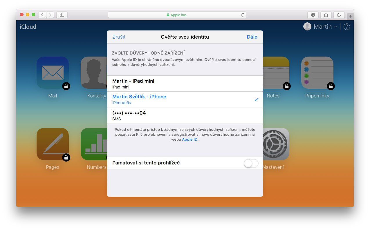 iCloud a dvoufázové ověření