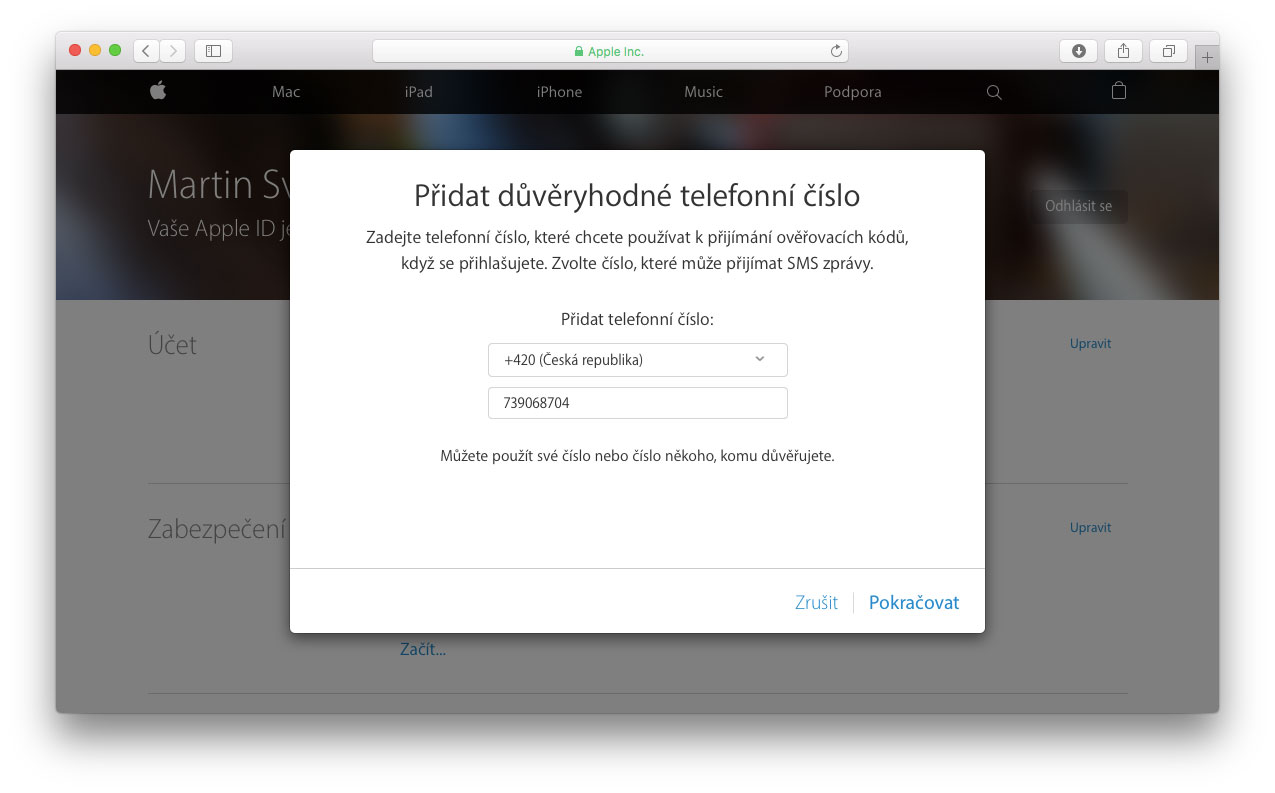 Telefonní číslo pro dvoufázové ověření