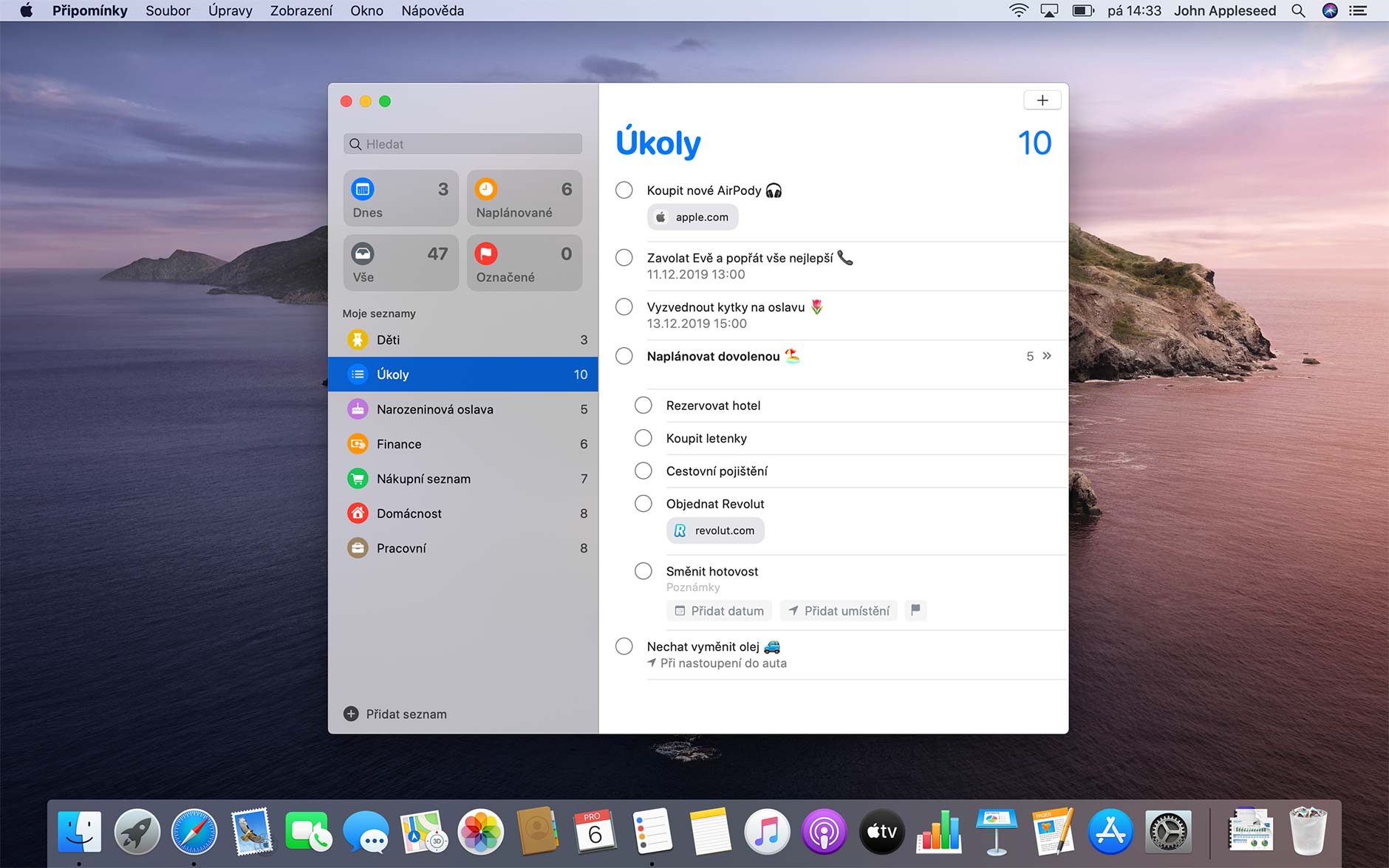 Vnořené úkoly a další novinky v aplikaci Připomínky v macOS Catalina